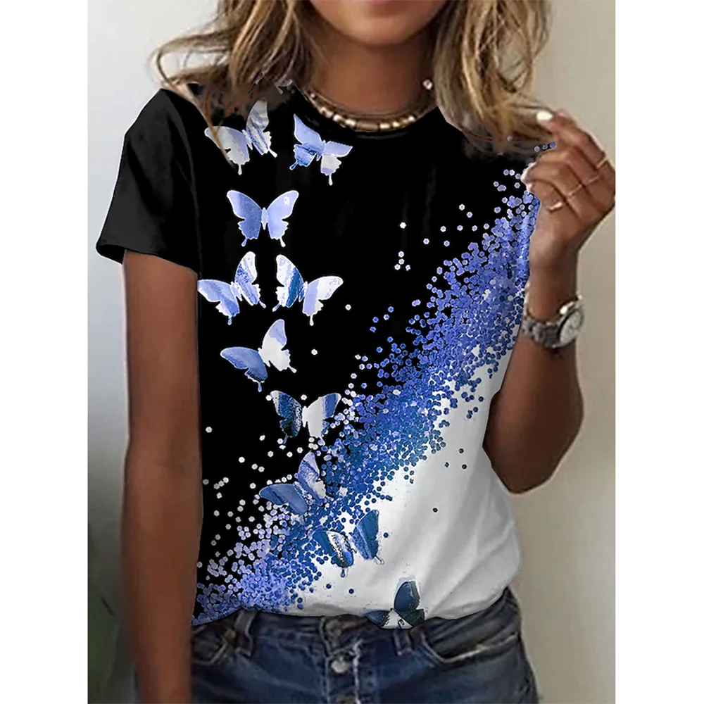 Camiseta con estampado de mariposa 3D y cuello redondo para mujer, camisetas de manga corta de verano a la moda, top de verano de gran tamaño, ropa femenina, novedad de 2024