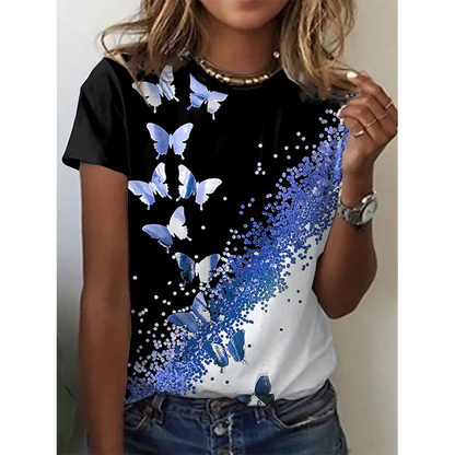 Camiseta con estampado de mariposa 3D y cuello redondo para mujer, camisetas de manga corta de verano a la moda, top de verano de gran tamaño, ropa femenina, novedad de 2024