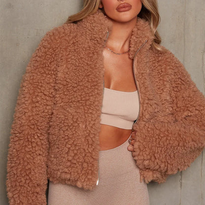 Abrigo corto de lana de cordero para mujer, chaquetas gruesas y cálidas de manga larga con cuello alto, ropa de calle de moda de otoño