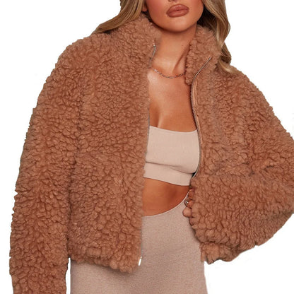 Abrigo corto de lana de cordero para mujer, chaquetas gruesas y cálidas de manga larga con cuello alto, ropa de calle de moda de otoño