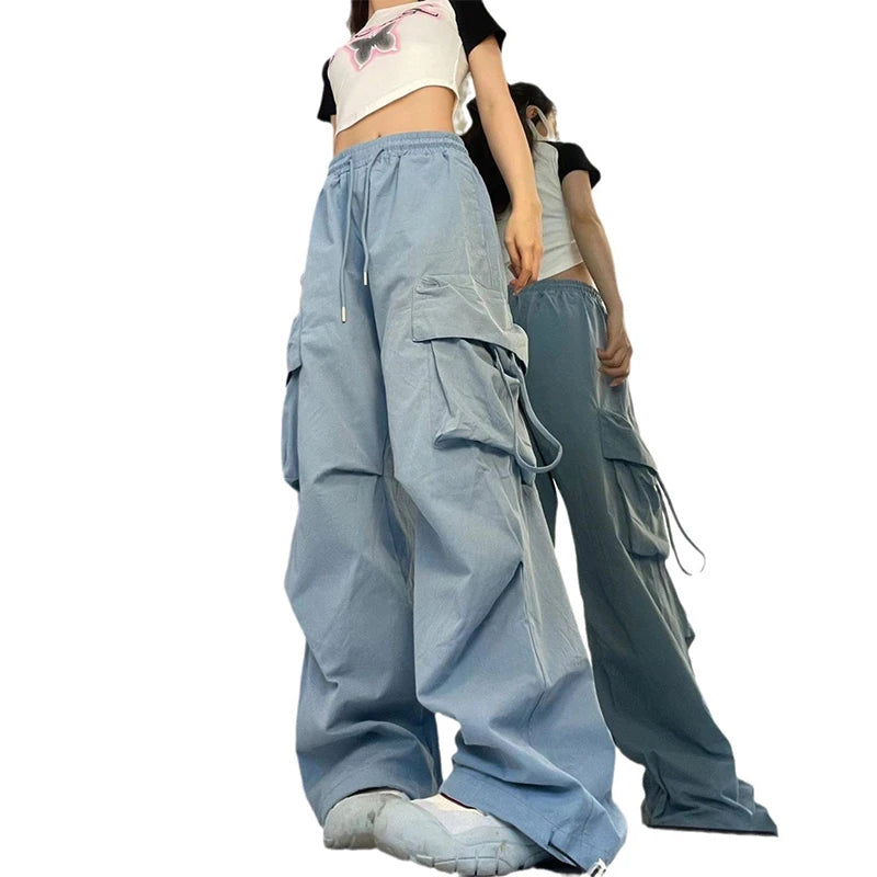 Pantalon cargo décontracté pour femme, taille haute, grandes poches, style hip-hop, streetwear, ample, avec cordon de serrage 