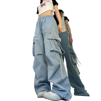 Pantalon cargo décontracté pour femme, taille haute, grandes poches, style hip-hop, streetwear, ample, avec cordon de serrage 