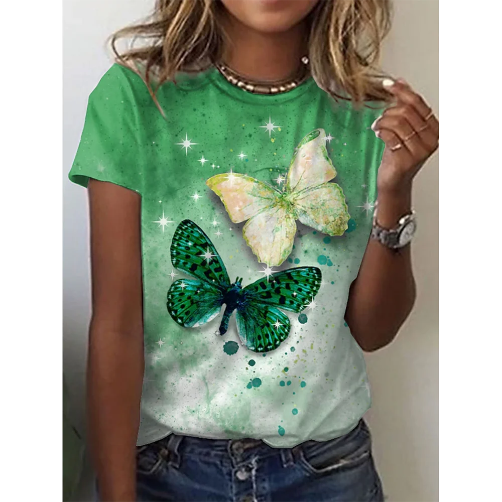 Camiseta con estampado de mariposa 3D y cuello redondo para mujer, camisetas de manga corta de verano a la moda, top de verano de gran tamaño, ropa femenina, novedad de 2024