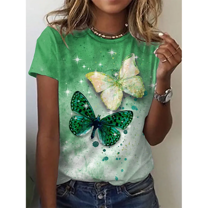 Camiseta con estampado de mariposa 3D y cuello redondo para mujer, camisetas de manga corta de verano a la moda, top de verano de gran tamaño, ropa femenina, novedad de 2024