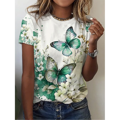 Camiseta con estampado de mariposa 3D y cuello redondo para mujer, camisetas de manga corta de verano a la moda, top de verano de gran tamaño, ropa femenina, novedad de 2024