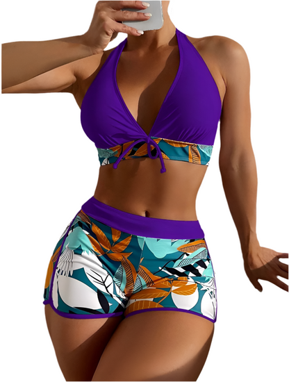 Conjunto de bikini estilo halter 2025, traje de baño corto de cintura alta para mujer, bañador estampado para mujer, traje de baño para playa