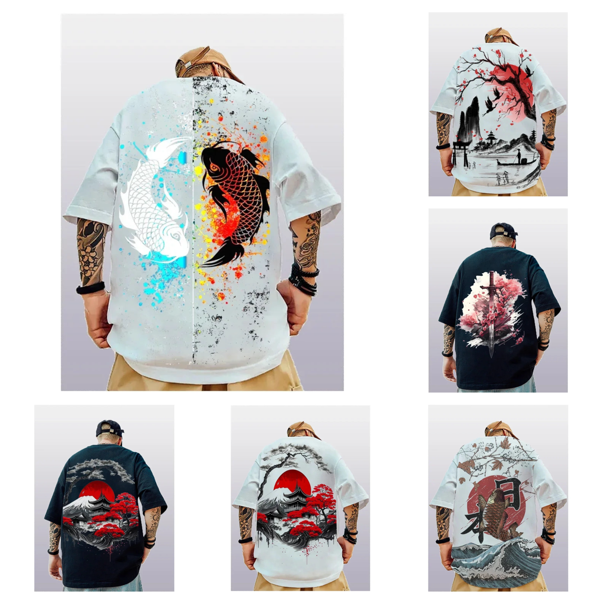 Japanese plum blossom 3D print oversized men's fashion T-shirt loose street trend T-shirt for men's clothing 