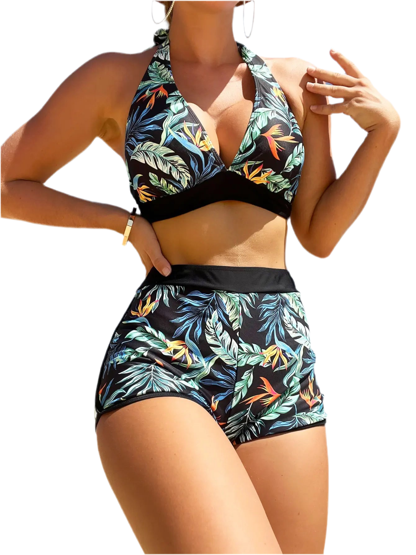 Conjunto de bikini estilo halter 2025, traje de baño corto de cintura alta para mujer, bañador estampado para mujer, traje de baño para playa