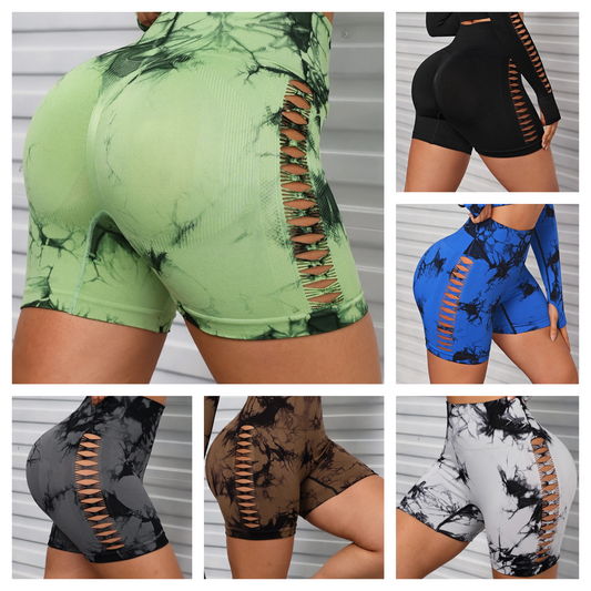 Sexy Tie Dye Gym Shorts for Women Seamless Hollow Out Fitness Yoga Shorts Butt Lifting Sports Shorts 