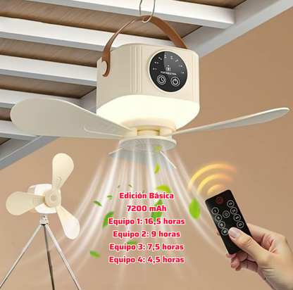 Ventilador de techo portátil silencioso con luz LED y ventilador, recargable