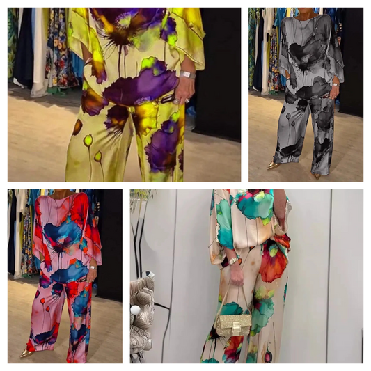 Women's Satin Printed Pants Set Casual Loose Round Neck Top Wide Leg Pants