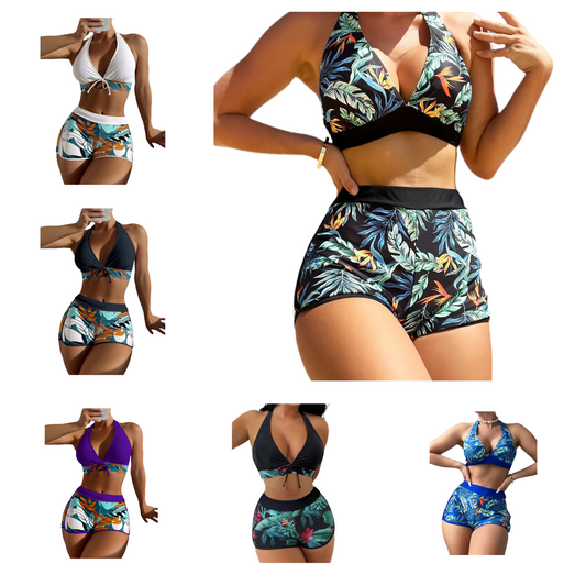 Conjunto de bikini estilo halter 2025, traje de baño corto de cintura alta para mujer, bañador estampado para mujer, traje de baño para playa