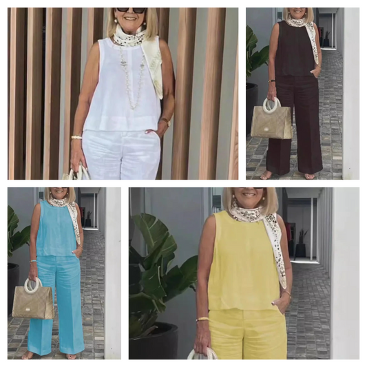 Women's Cotton Linen Clothing Set Loose Sleeveless Top Wide Leg Pants Casual Outfits 2 Piece Set