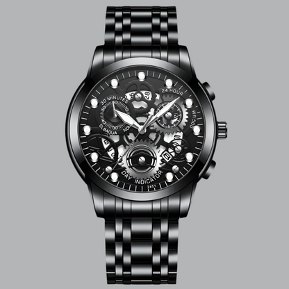 Reloj de negocios para hombre, diseño de esqueleto, estilo mecánico de moda, acero inoxidable, movimiento de cuarzo, calendario, reloj de pulsera impermeable para hombre.
