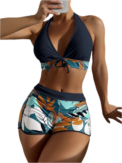 Conjunto de bikini estilo halter 2025, traje de baño corto de cintura alta para mujer, bañador estampado para mujer, traje de baño para playa