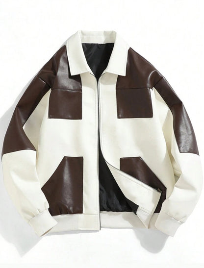 Chaqueta casual de piel sintética de color contrastante simple para hombres