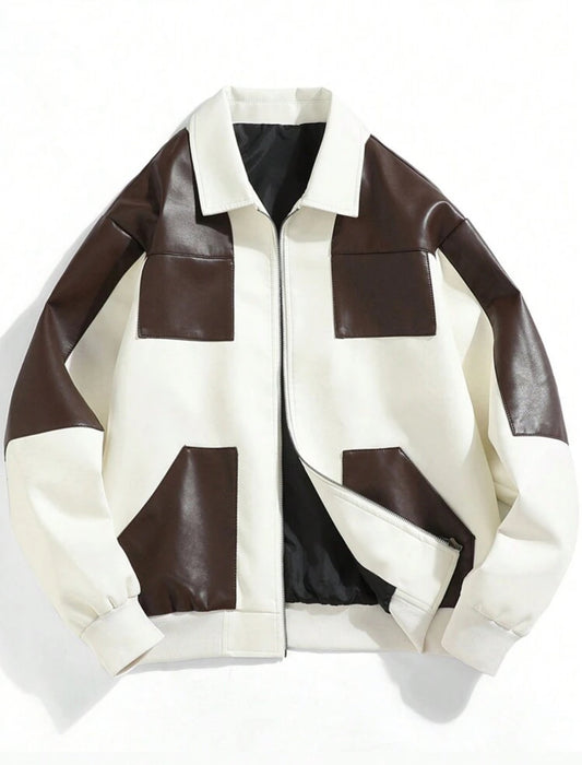 Chaqueta casual de piel sintética de color contrastante simple para hombres