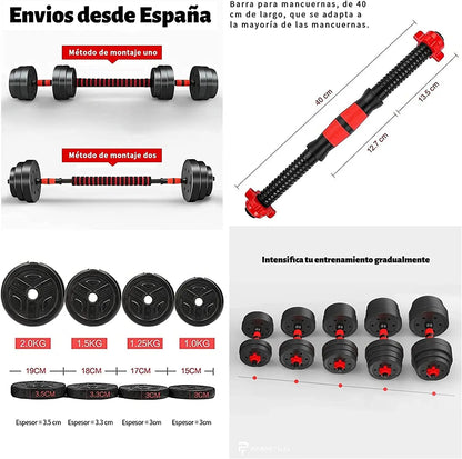 Mancuernas regulables , (juego de 10 kg, 15 kg, 20 kg y 30 kg) - Juego de pesas ajustable para entrenamiento con pesas y fuerza - Barra de conexión - Gimnasio en casa - Principiante hombre/mujer