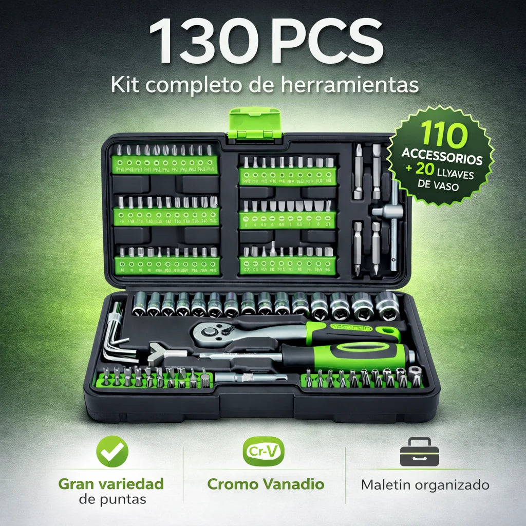Herramientas juego 130 pcs piezas Caja Maleta para Taller Carraca Llaves Vaso Pequeña Portátil