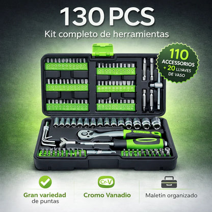 Herramientas juego 130 pcs piezas Caja Maleta para Taller Carraca Llaves Vaso Pequeña Portátil