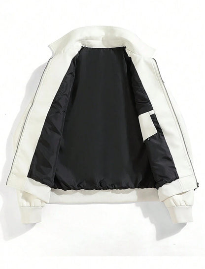 Chaqueta casual de piel sintética de color contrastante simple para hombres