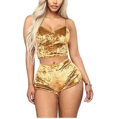 Women's 2 Piece Velvet Sleepwear Sexy Spaghetti Strap Shorts Set Party Nightwear