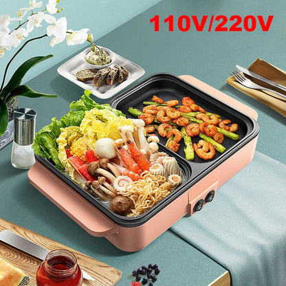 110V/220V 2 in 1 Electric Hot Pot BBQ Grill Multi Cooker Electric Grill Non-stick Plate Barbecue Pan Hot Pot for Dormitory