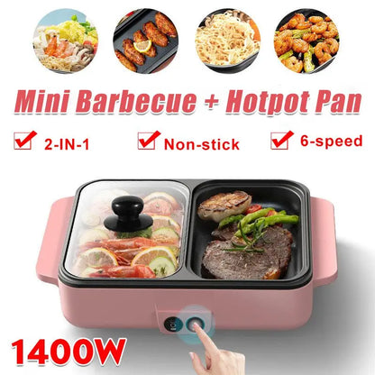 110V/220V 2 in 1 Electric Hot Pot BBQ Grill Multi Cooker Electric Grill Non-stick Plate Barbecue Pan Hot Pot for Dormitory