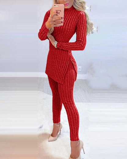 Women's autumn winter knitted 2 piece set long sleeve ribbed slit long top and high waist skinny pants fashion outfit