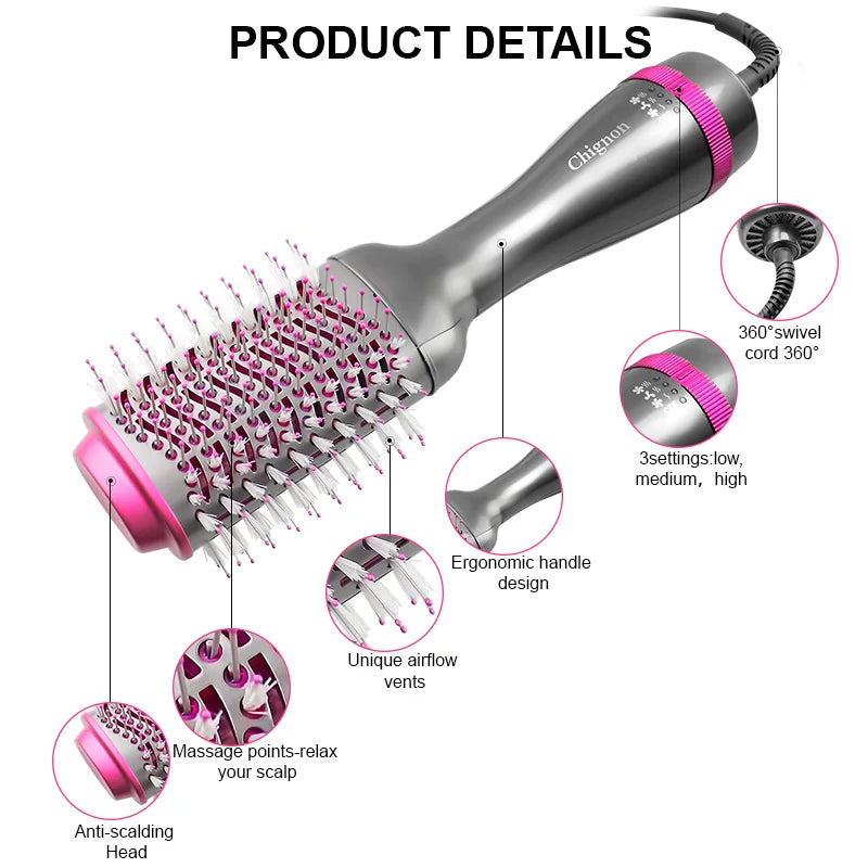Secador de pelo y voluminizador de un paso, cepillo de aire caliente giratorio de 1000W, secador de pelo profesional, peine, cepillo secador de iones eléctricos