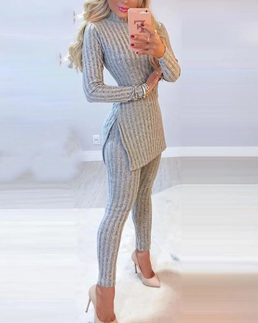 Women's autumn winter knitted 2 piece set long sleeve ribbed slit long top and high waist skinny pants fashion outfit