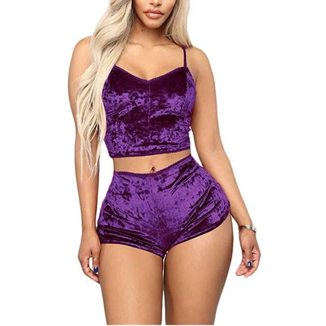 Women's 2 Piece Velvet Sleepwear Sexy Spaghetti Strap Shorts Set Party Nightwear