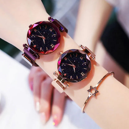 Reloj de lujo para mujer, diseño de cielo estrellado, con correa de malla magnética, reloj de pulsera de moda para mujer