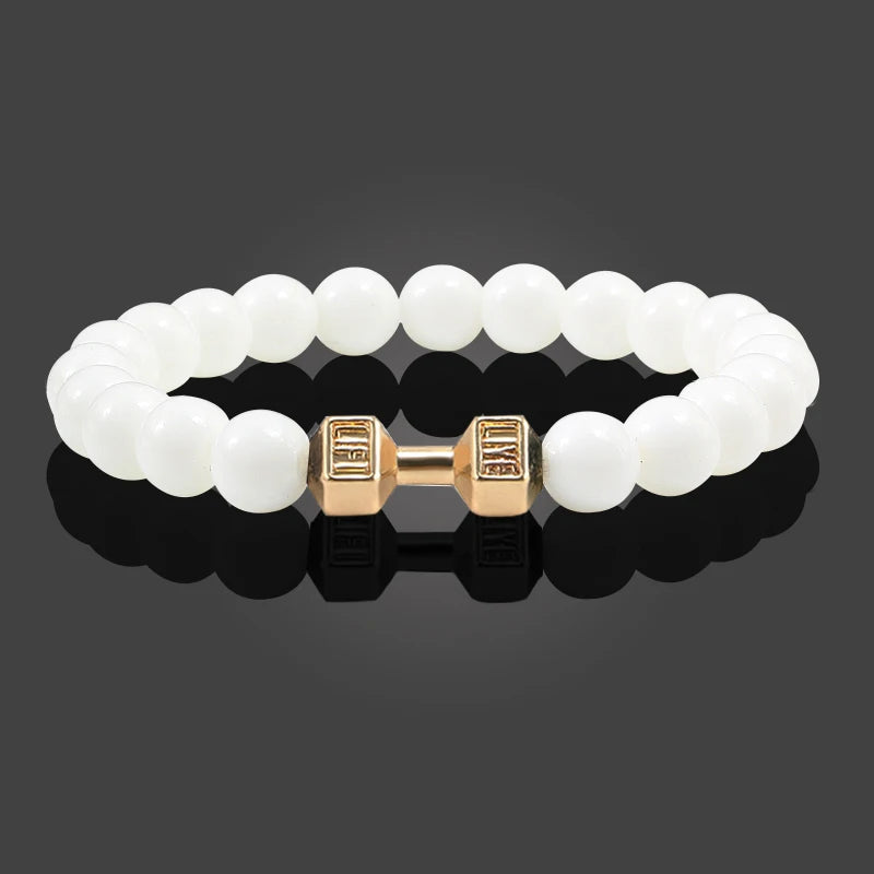 Natural Volcanic Stone Bracelet Men Matte Black White Lava Beads Dumbbell Strand Bracelets Barbell Fitness Jewelry for Women 