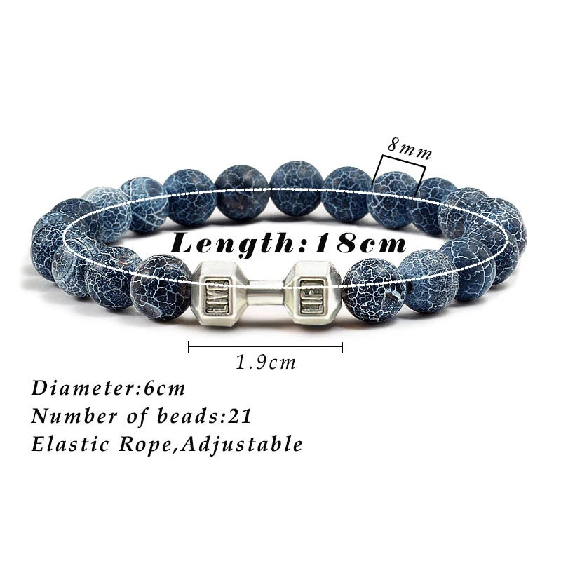 Natural Volcanic Stone Bracelet Men Matte Black White Lava Beads Dumbbell Strand Bracelets Barbell Fitness Jewelry for Women 