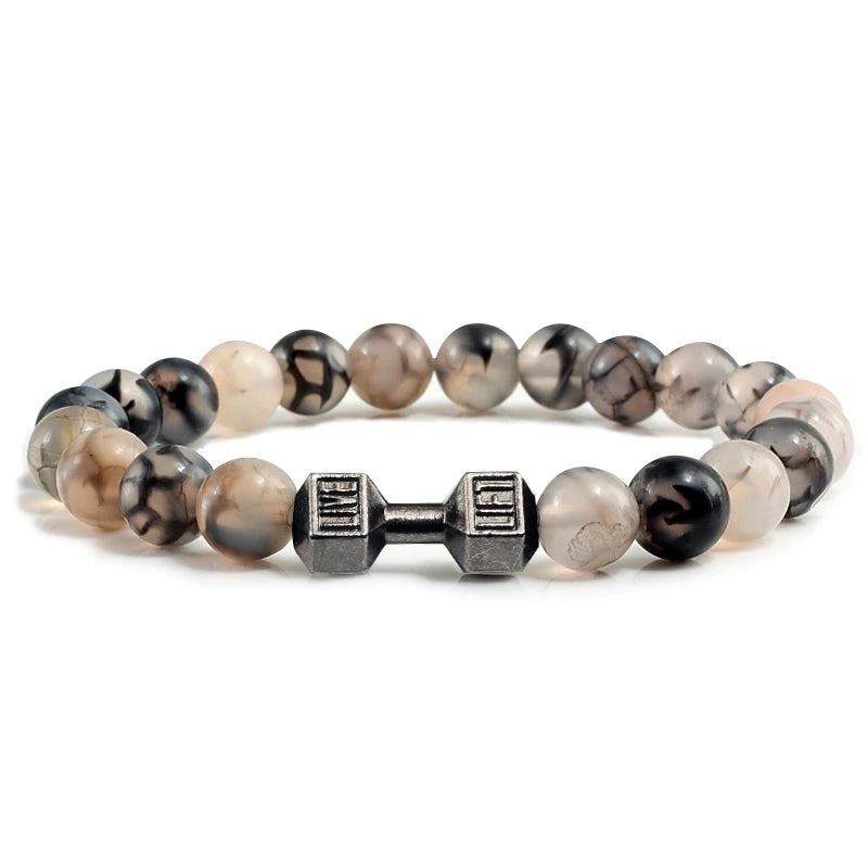 Natural Volcanic Stone Bracelet Men Matte Black White Lava Beads Dumbbell Strand Bracelets Barbell Fitness Jewelry for Women 