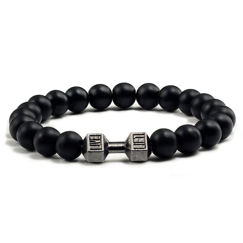 Natural Volcanic Stone Bracelet Men Matte Black White Lava Beads Dumbbell Strand Bracelets Barbell Fitness Jewelry for Women 