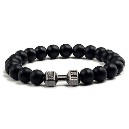 Natural Volcanic Stone Bracelet Men Matte Black White Lava Beads Dumbbell Strand Bracelets Barbell Fitness Jewelry for Women 