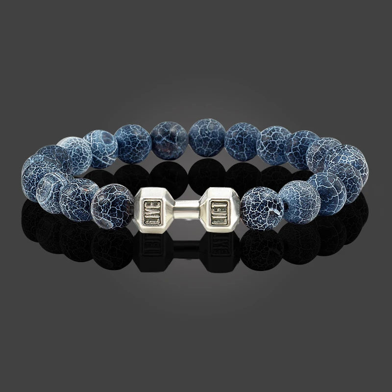 Natural Volcanic Stone Bracelet Men Matte Black White Lava Beads Dumbbell Strand Bracelets Barbell Fitness Jewelry for Women 