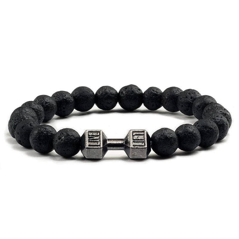 Natural Volcanic Stone Bracelet Men Matte Black White Lava Beads Dumbbell Strand Bracelets Barbell Fitness Jewelry for Women 