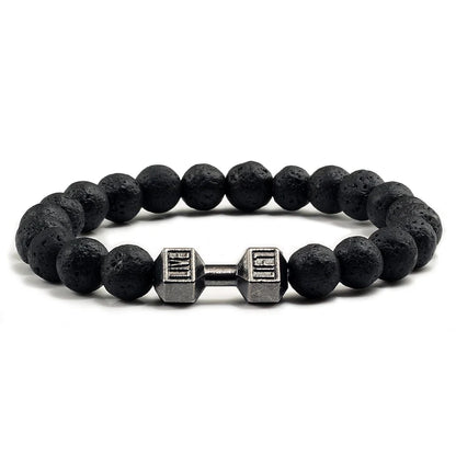 Natural Volcanic Stone Bracelet Men Matte Black White Lava Beads Dumbbell Strand Bracelets Barbell Fitness Jewelry for Women 