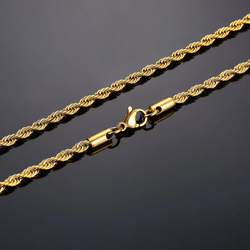 Collar largo de cuerdas para hombre, cadena de cuerda torcida minimalista de acero inoxidable, disponible en color dorado, color plateado, de 2 a 5 mm