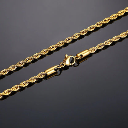 Collar largo de cuerdas para hombre, cadena de cuerda torcida minimalista de acero inoxidable, disponible en color dorado, color plateado, de 2 a 5 mm