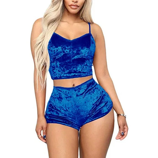 Women's 2 Piece Velvet Sleepwear Sexy Spaghetti Strap Shorts Set Party Nightwear