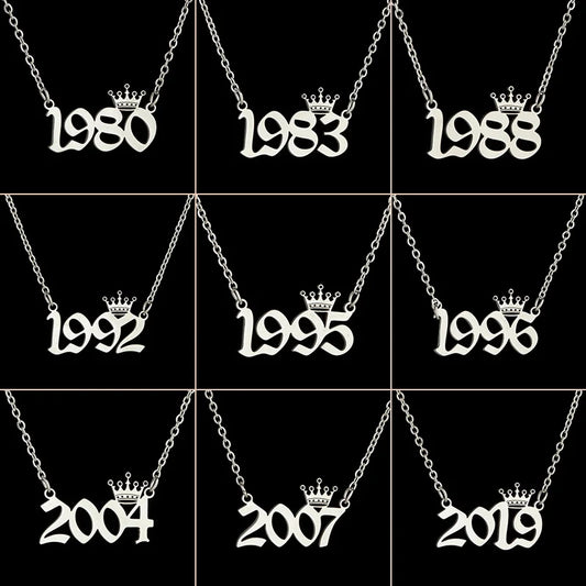 Collares de acero inoxidable con número de año para mujer, tiaras de cumpleaños con fecha única, corona, año 1984, 1999, 1996, 1997 y 2002, gargantilla de regalo