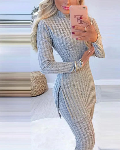 Women's autumn winter knitted 2 piece set long sleeve ribbed slit long top and high waist skinny pants fashion outfit