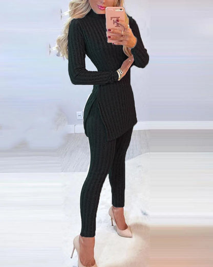 Women's autumn winter knitted 2 piece set long sleeve ribbed slit long top and high waist skinny pants fashion outfit
