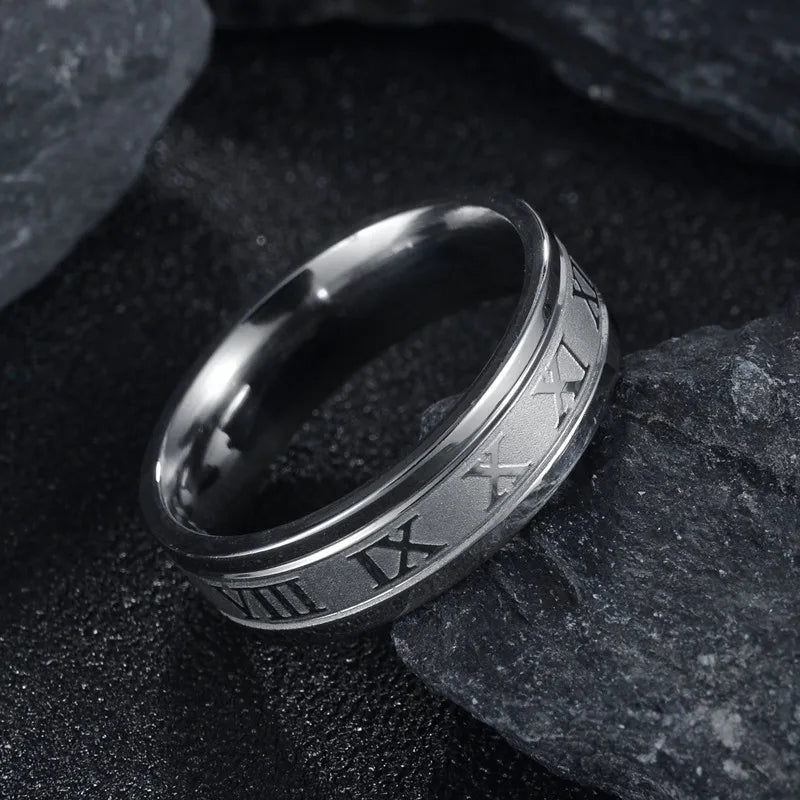 Bague vintage en acier inoxydable avec chiffres romains pour homme et femme, anneau de tempérament tendance, largeur de 6 mm, cadeau d'anniversaire de fête 