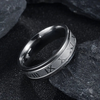 Bague vintage en acier inoxydable avec chiffres romains pour homme et femme, anneau de tempérament tendance, largeur de 6 mm, cadeau d'anniversaire de fête 