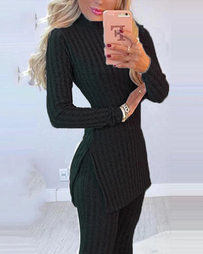 Women's autumn winter knitted 2 piece set long sleeve ribbed slit long top and high waist skinny pants fashion outfit